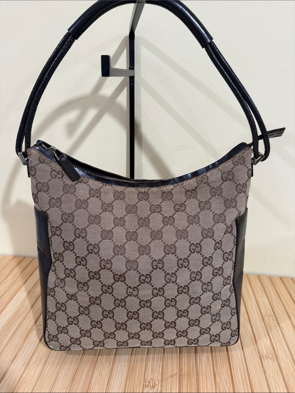 Authentic Gucci Brown GG Canvas Shoulder Bag with dark brown leather Trim
